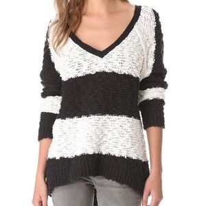 Free People Songbird Black and White V-Neck Rugby Stripe Slouchy Bouclé Sweater